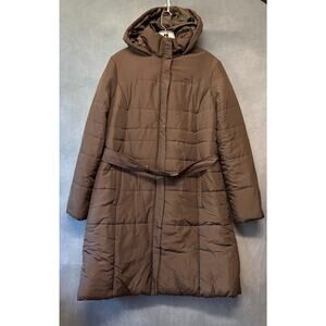 Merona Womens Puffer Coat Brown XL Hooded Long Belted Quilted Jacket Warm Winter